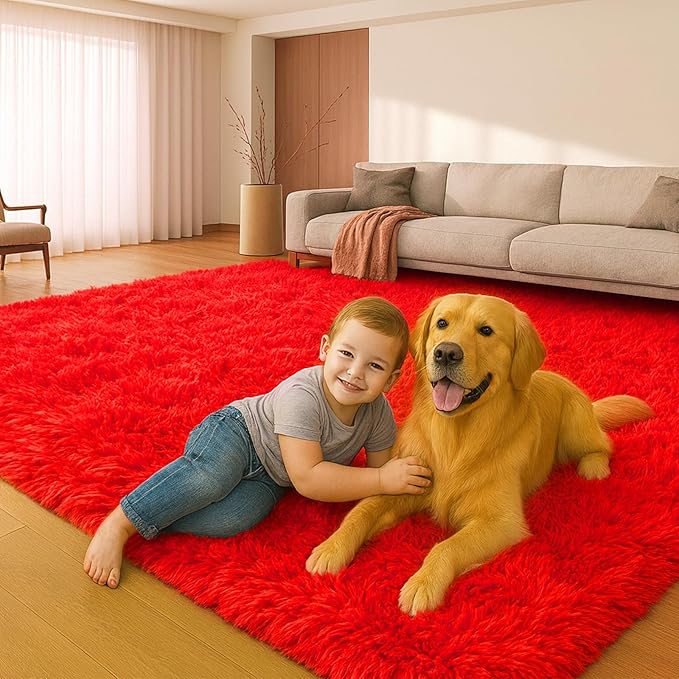 8x10 Area Rugs Living Room, Large Plush Fluffy Bedroom Carpet, Non-Slip Upgraded Indoor Thick Soft Rug, Modern Plush Carpet Suitable for Kids Home Decor Aesthetics Dorm, Red.
