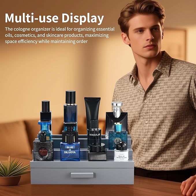 Perfume Organizer for Men, 3 Tier Wood Perfume Display Stand with Velvet Lining Drawer and Hidden Compartment for Watch,Jewelry,Perfume Display Risers,A Gift for Men (Gray)