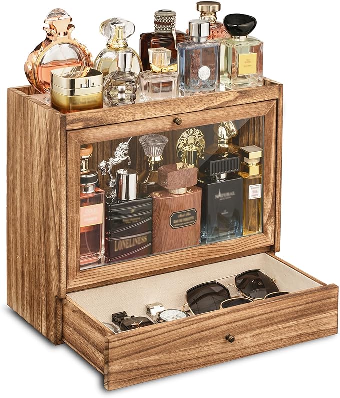 Emfogo Cologne Organizer for Men, Solid Wood Perfumes Organizer for Men Dresser, Large Capacity Dustproof Cologne Holder with Drawer Storage Perfume Stand Organizer, Ideal Gift for Loved ones