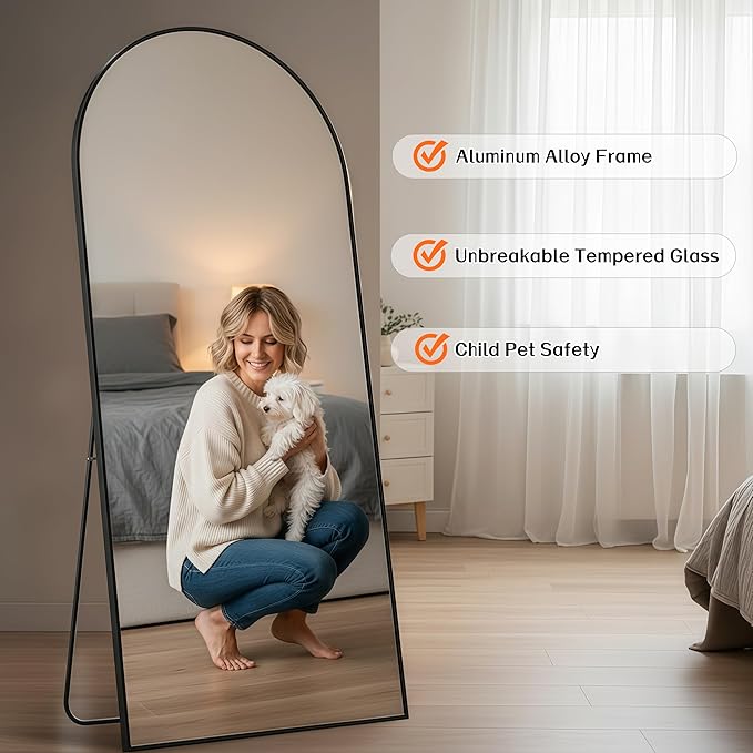 Full Length Mirror71"x30"Black Arched Floor Mirror with Stand, Aluminum Alloy Frame Tempered Glass Full Body Mirror,Wall Mountable or Leaning Against Wall for Bedroom Living Room Dressing Room