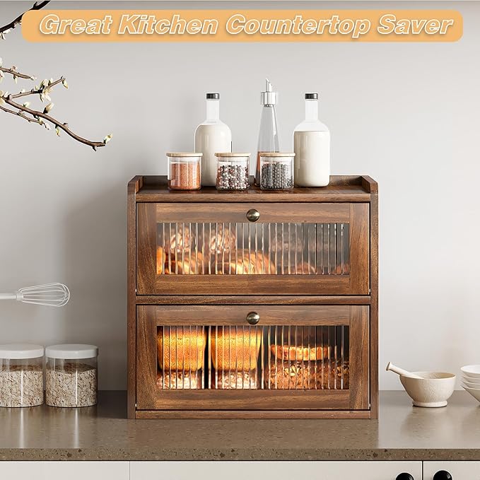 Alpeir Double Layer Large Bread Box for Kitchen Counter, Wooden Corner Bread Storage Container with Acrylic Window, Retro Brown