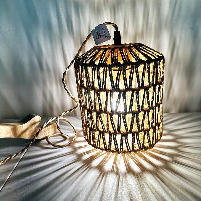 Frideko Rattan Wall Lamp with Plug in Cord Hand Woven Plug in Wall Sconces Paper Rope Wall Light Farmhouse Wall Sconce Wall Mounted Light Boho Wall Sconces Wall Lighting for Bedroom Living Room