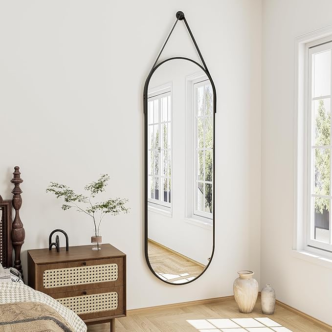 Full Length Mirror, Oval Wall Mounted Mirror, 48"x16" Door Mirrors Full Length with Hanging Leather Strap with Aluminum Frame for Bathroom Living Room Entryway (Black)