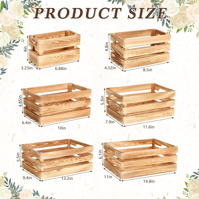 CroBlissful 6 Pcs Decorative Wood Crates for Storage Display Rustic Nesting Crates with Handle Farmhouse Wooden Storage Container Boxes for Wedding Baby Shower Birthday Party(Classic Color)