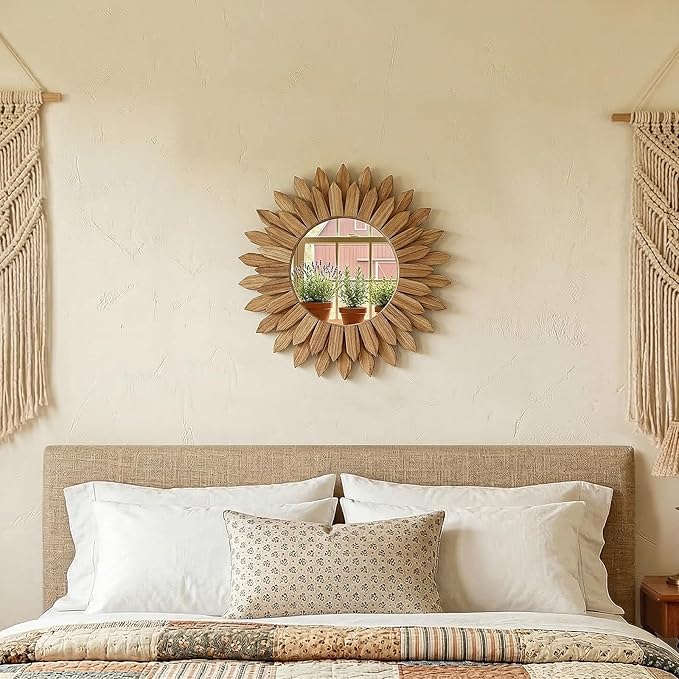 24 Inch Brown Boho Wall Decor Sunburst Mirror - Round Wooden Wall Decor, Handmade Rustic Circular Mirror for Living Room, Bedroom, Entryway, Office