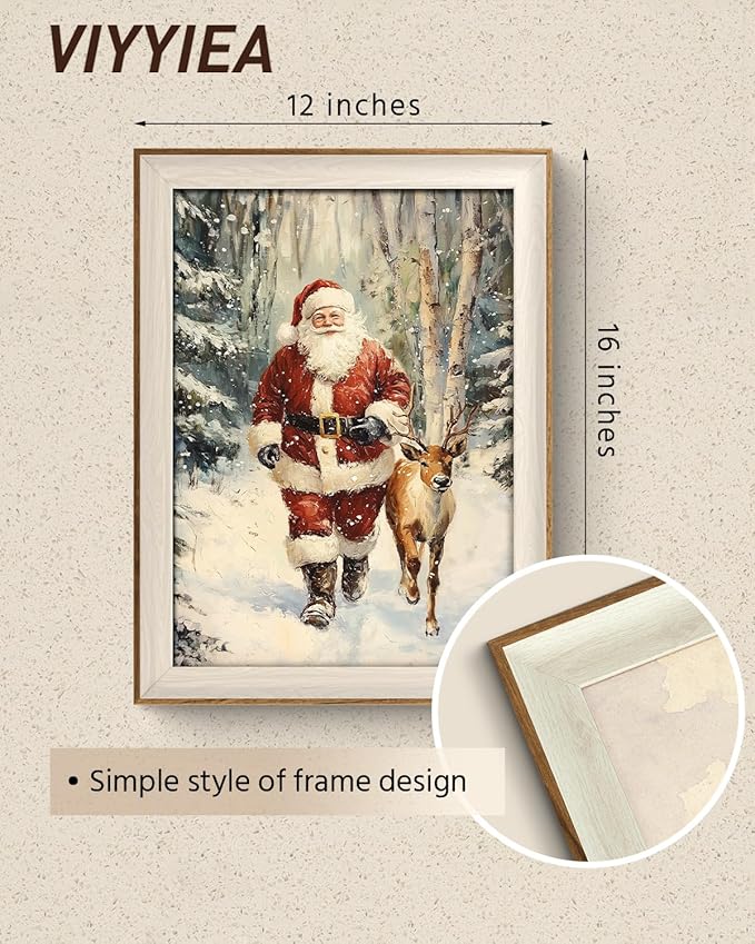 VIYYIEA Winter Framed Wall Art for Living Room, Santa Claus and Reindeer Canvas Prints, Oil Painting Home Decor, Christmas Picture, Bathroom Wall Decor Gifts for Friends or Family - 16L x 12W