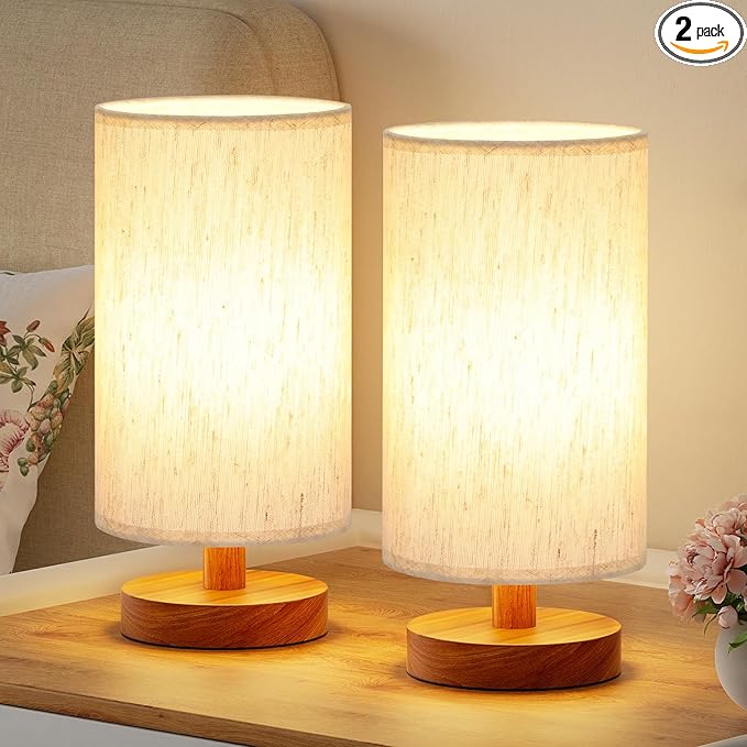 Fenmzee Small Lamps Set of 2 - Inline Control, Bedside Table Lamp for Bedroom with 3000K A15 LED Blub, Easy Assembly (Cream Shade - Walnut Base Set of 2, 9" Inline Control)