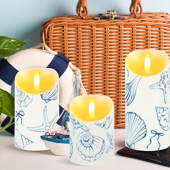 3 Pcs Blue Bow Starfish and Seashell Candles Operated LED Ocean Coastal Nautical Bow Starfish Seashell Printed Faux Candle for Under The Sea Summer Birthday Wedding Party Decor