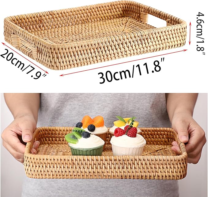 Hipiwe Rattan Serving Tray Hand Woven Tray with Handles Rattan Rectangular Basket Trays for Storage Breakfast Dessert Fruit Decorative Trays for Coffee Table, 11.8x7.9x1.8inch