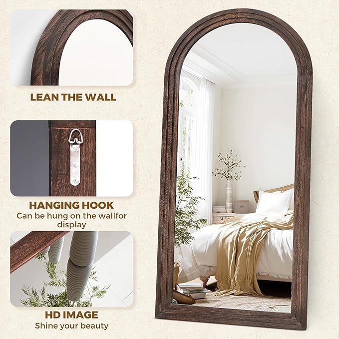 Arched Full Length Mirror 71"x32" - Rustic Brown Solid Wood Wall Mirror, Oversized Leaning or Mounted Design for Bedroom, Entryway, Living Room Décor