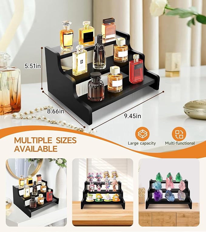 Wooden Cologne Organizer for Men, Perfume Organizer Stand, Cologne Stand with Anti-Slip Washers, Wooden Display Risers Stand for Figures, Fragrances, Dessert, Cupcake, Makeup (Black, 3-tier-9.4in)