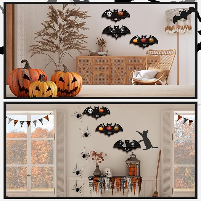 Geetery 3 Pcs Bat Shelf Gothic Decor Witchy Crystal Shelf Spooky Coffin Wall Hanging with Hooks Floating Black Wooden Room Decor for Crystal Keys