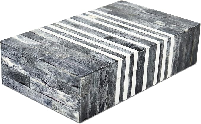 Handicrafts Home Decorative Storage Box with Lid, Patisserie Cafe Stripe Pattern Remote Holder Box, Wide Coffee Table Storage Organizer, Wooden Living Room Kitchen Storage Box, Grey & White, 10x6x2.5