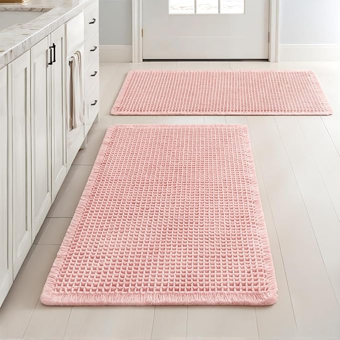 MIULEE Set of 2 Waffle Bathroom Rugs, Boho Bath Rugs Non Slip Washable, Super Absorbent Bath Mats, Ultra Soft Rubber Backed Shower Mats for Bathroom Floor, Tub and Shower, Pink, 18x30 Inch