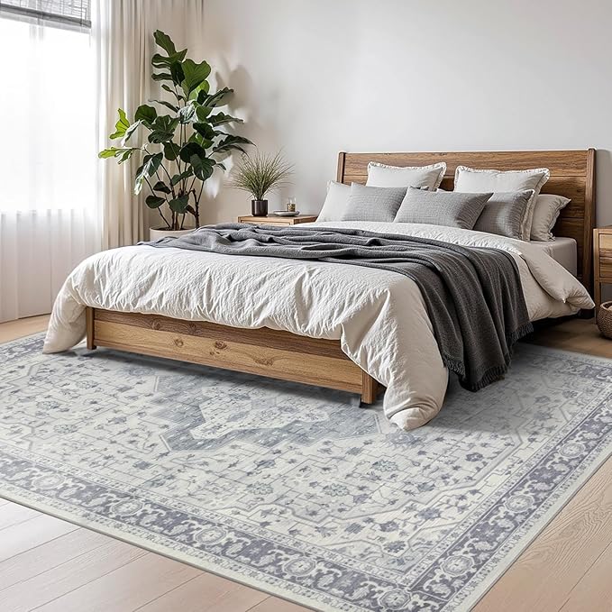 Rugxara Washable Area Rug for Living Room, Vintage Boho Rugs for Office, Dining Room, Kids Room, Farmhouse, Durable Low Pile Non Slip Carpet for High Traffic Areas, Blue Quartz(4x6ft)