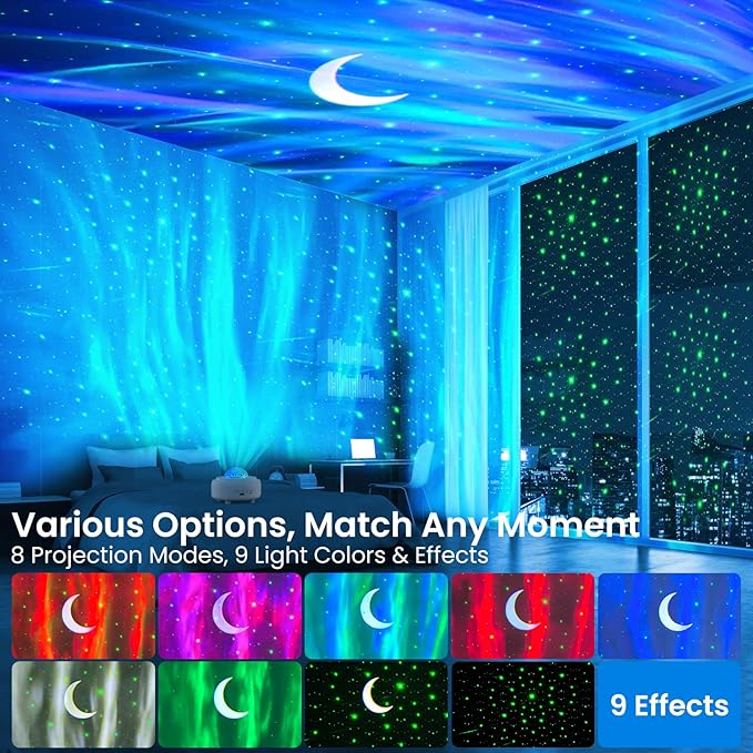 HUMIIEYE Galaxy Projector with Bluetooth Speaker, Night Light Star Projector for Bedroom, 8 Modes Northern Lights Aurora Projector with Moon, Mood Ambient Lighting for Kids Adults Room, Cord Powered