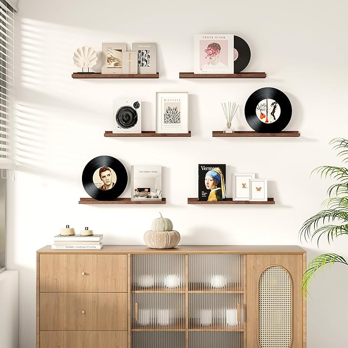 Fun Memories Walnut Floating Picture Ledge Shelves for Wall Decor, Wall Mounted Wood Storage Shelf for Bedroom, Living Room, Bathroom, Kitchen, Nursery, Display Picture Ledge Shelf Set of 2-16 Inches