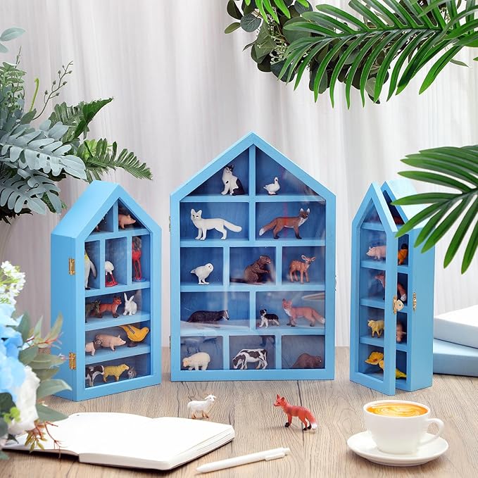 DoubleFill Set of 3 Wooden Trinket Display Shelf Shadow Box with Shelves 10 x 15 Inch Large Wall Mounted Display Storage Mini Figures Curio Trinket Medals Crafts Collections(Ocean Blue,House Shape)