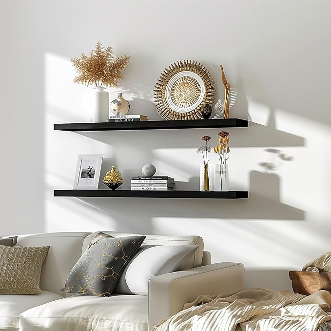 GXYAWPJ 48 Inch Floating Shelves for Wall Rustic Black Wood Wall Shelves for Bedroom Set of 4