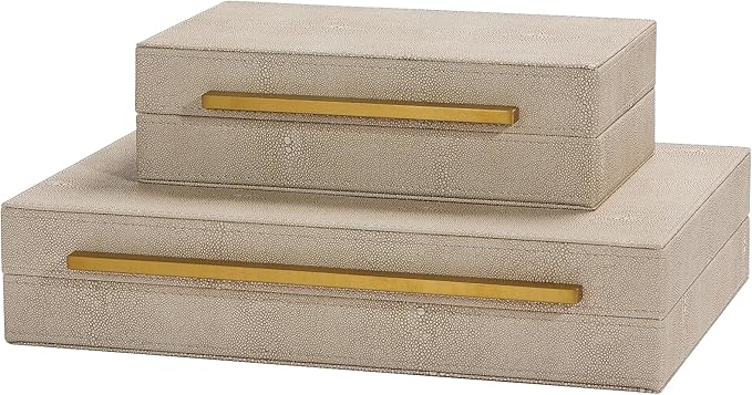 Kingflux Ivory Shagreen Leather Set of 2pcs Decorative Boxes, Storage Boxes Jewelry Organizer, Woment&Men's Accessory Organizer ，Memory Keepsake Box with Brushed Gold handle(Ivory)