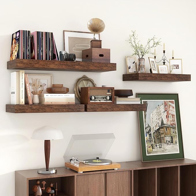 FLYJOE Deep Floating Shelves | 24 Inch Brown Floating Shelves Set of 2 | 12 Inch Deep Rustic Wood Shelves for Wall | 24" W x 12" D Brown Shelves for Living Room Bathroom Laundry Room Kitchen