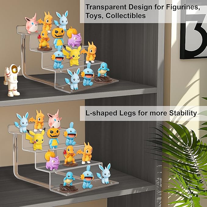 AMT Acrylic Riser Display Stand, 100% Acrylic Clear 4-Tier Organizer for Figures, Cupcake, Perfume, Sunglasses (9 inch x 2.75 inch) 2-pack
