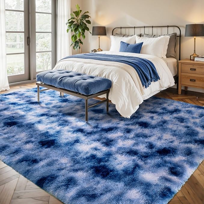 9x12 ft Fuzzy Rug for Living Room Soft Fluffy Blue White Bedroom Area Rugs Non-Slip Shaggy Carpet for Nursery Kids PlayRoom Dorm Office Indoor Modern Plush Carpets