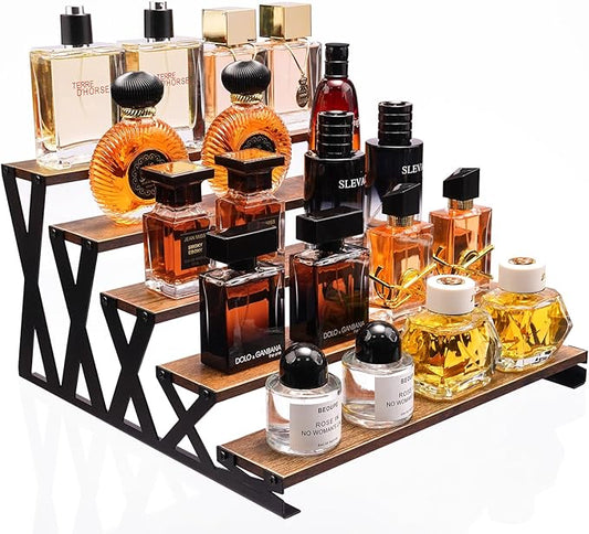 KALYLOC 5 Tier Wooden Display Riser Stand 13.8 Inch Metal Step Perfume Stand Organizer Tabletop Tiered Display Shelf Rack for Cologne Cupcake Spice Figures Cosmetics Candles (Brown, X-Shape)
