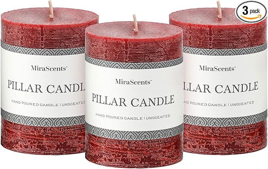 3x4 Inch Burgundy Pillar Candles Set of 3 - Hand-Poured Unscented Candles, Long Clean Burning, Dark Red Pillar Candle, Smokeless Dripless Candle for Dinner Table, Wedding, Home, Rustic Decor