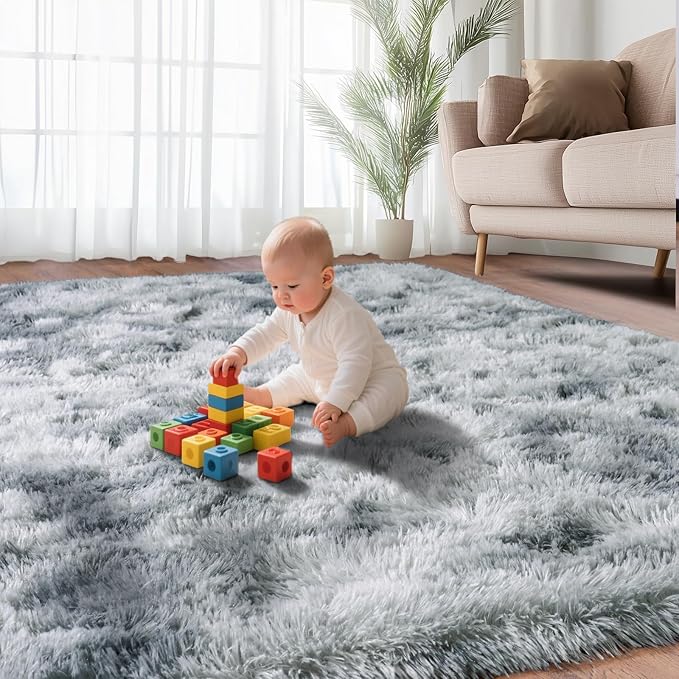 Area Rugs for Living Room 6x9, Ultra Soft Fluffy Rug for Bedroom, Modern Shaggy Carpet Fuzzy Rug for Girls Boys Room Home Indoor Nursery Teens Dorm Decor, Upgrade Non-Slip Durable, Tie-Dye Silver Grey