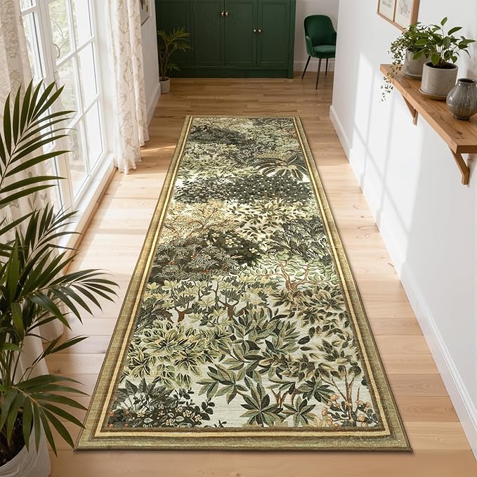 GarveeHome Forest Runner Rug, Brown Green Washable Runner Rug 2x6 for Kitchen, Botanical Low Pile Non Slip Stain Resistance Woodland Hallway Rug for Entryway Bedroom Laundry Room