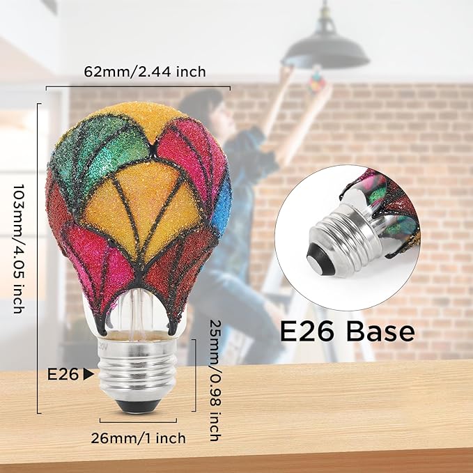 Stained Glass LED Light Bulb, 3.5W E26 Base A19/A60 Color Bulb 120V, Frosted Ambiance Bulb for Home Lighting, Party, Festive Decoration, 2 Pack Non-Dimmable
