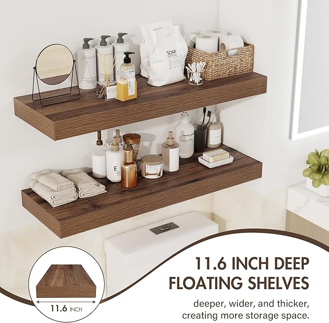 Acovy 30 Inch Floating Shelves, 12" Deep Floating Shelf Wall Mounted, 30" Wall Shelves, Rustic Deep Bookshelf, Extra Deeper & Thicker Display Shelves for Bedroom, Living Room, Walnut, Set of 2