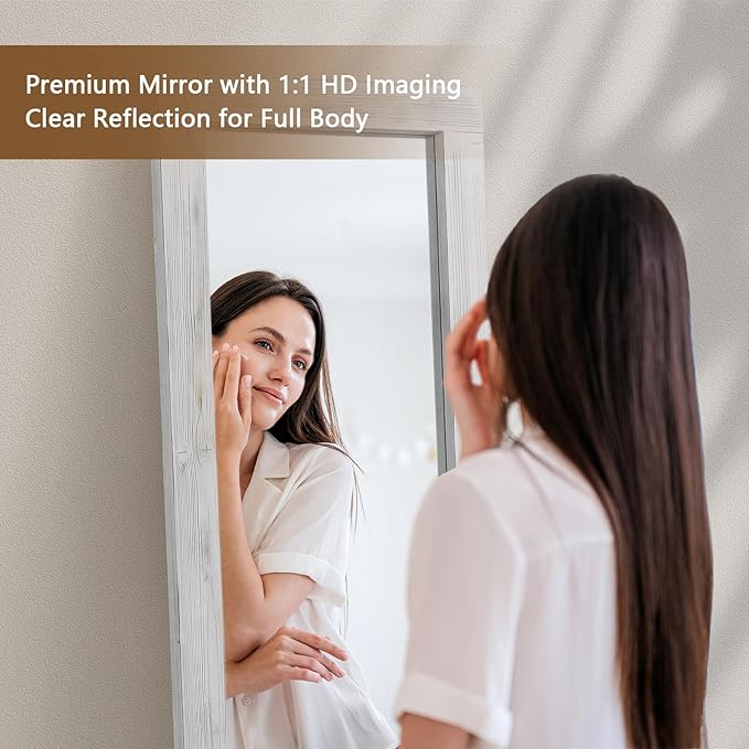Rustic Farmhouse Full Length Mirror, 64"x21" Wood Frame Floor Mirror, Free Standing Mirror for Bedroom Living Room Cloakroom, Weathered White