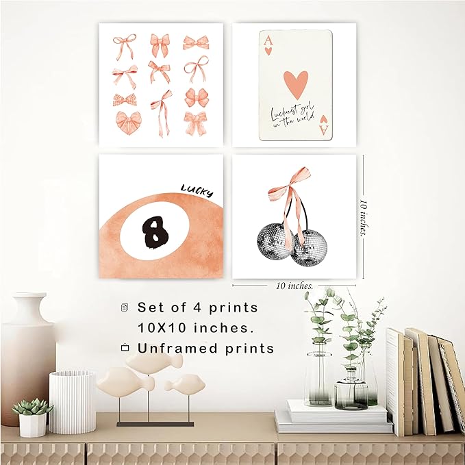 okaxscm Fall Orange Coquette Trendy Preppy Wall Art Prints Set of 4, Coquette Room Decor, Preppy Room Decor Aesthetic, Orange Bow Disco 8 Ball Cherry Wall Decor Posters for Girls Bedroom Dorm,10x10 Unframed