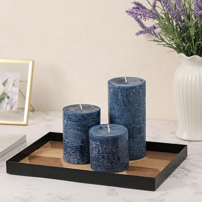 3x4 Inch Dark Blue Pillar Candles Set of 3 - Hand-Poured Unscented Candles, Long Clean Burning, Navy Blue Candle, Smokeless Dripless Candle for Dinner Table, Wedding, Home, Rustic Decor