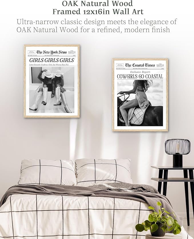 iHery Girls Just Wanna Have Fun Framed Trendy Cowgirl NewsPaper Wall Art, 12x16in Natural OAK Wood Black and White Canvas Wall Decor For Bedroom Dorm Living Room,Vintage Bar Car Home Décor 1Pack