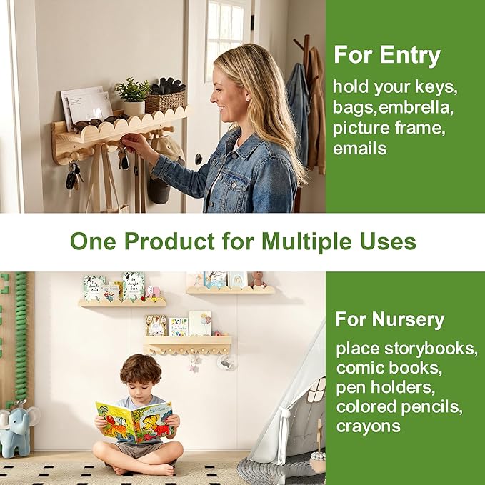 24 Inch Floating Shelves for Wall, 4-Pack Nursery Book Shelves with Hooks, Scalloped Shelves, Wall Book Shelves for Kids Room, Baby Room, Bedroom, Nursery Decor