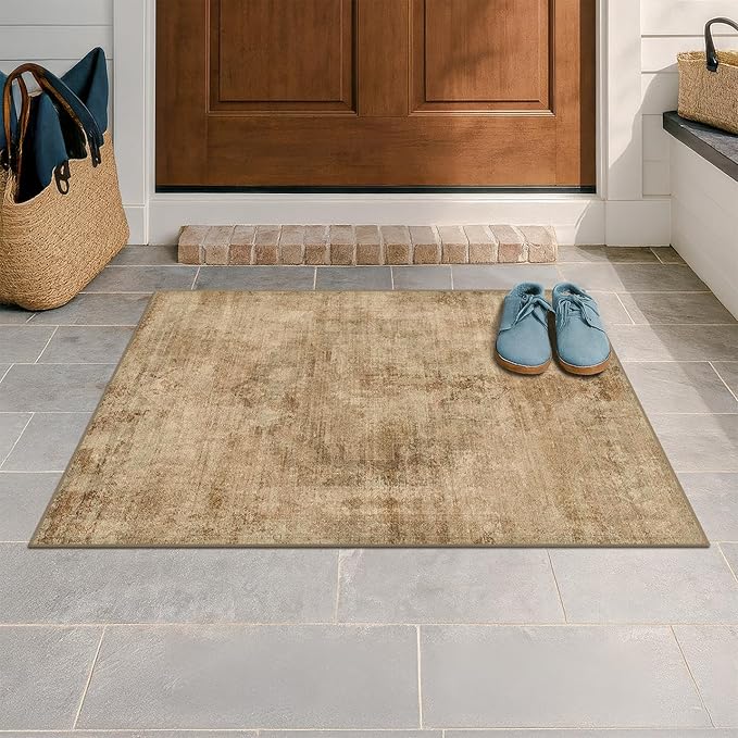 Washable 2x3 Small Entryway Rugs Indoor, Gold and Brown Area Rug for Kitchen, Bathroom, Farmhouse Medallion Indoor Décor, Non Slip Low Pile Stain Resistant Carpet