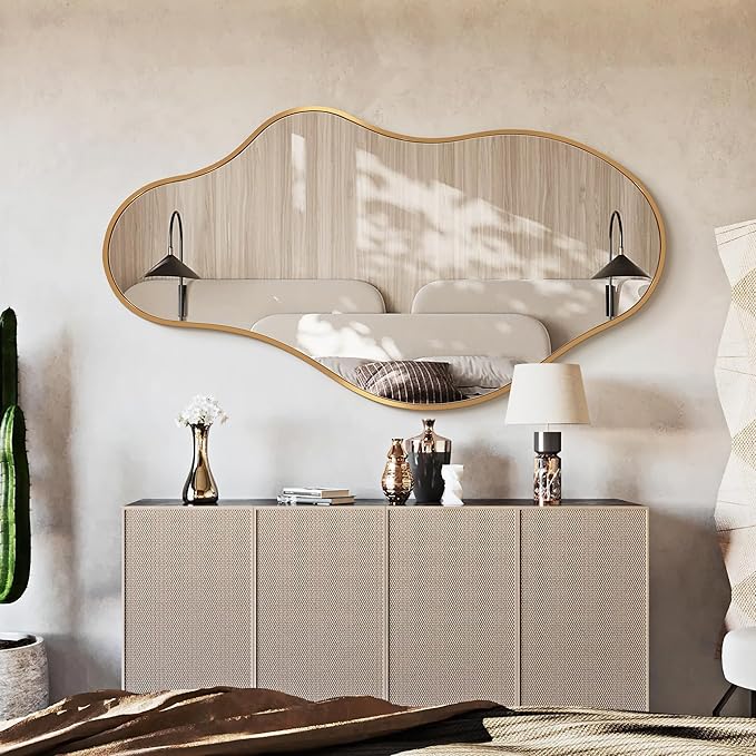 Dorlicecass Bathroom Mirrors for Over Sink - Long Wall Mirrors Decorative 24"x 43" Asymmetrical Abstract Aviation Aluminum Alloy Frame Unique for Bedroom, Living Room, Cloakroom, Entryway Gold