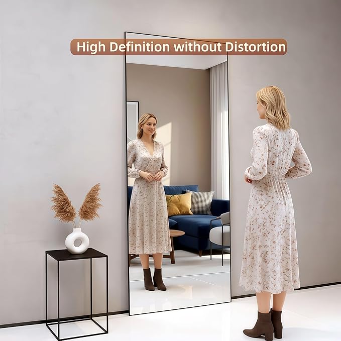 Full Length Mirror 71"x30"Rectangle with Stand Aluminum Alloy Frame Wall Mountable Tempered Glass Full Body Mirror, Standing Hanging or Leaning Against Wall for Bedroom and Living Room Black