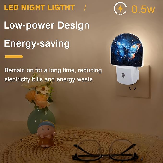 Night Lights Plug into Wall Blue Butterfly with Stars Night Light Dusk to Dawn Smart Sensor Decorative Round Led Lamp for Bedroom Kitchen Hallway Nightlight for Women Men