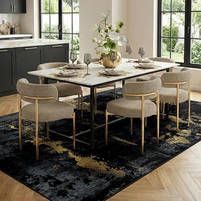 RELEANY Washable Area Rugs 6'x9' Non-Slip Modern Abstract Soft for Living Room Entryway Bedroom Nursery, Print Pattern, Dark Black Gold