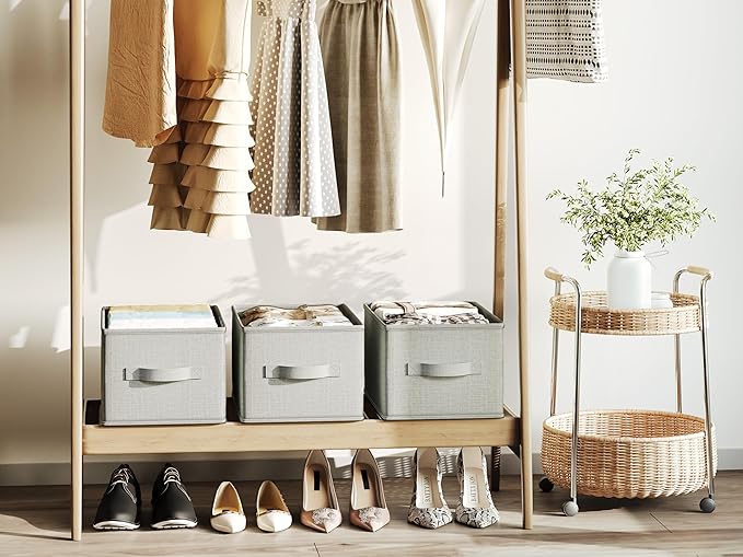 LayerSpace 3 Pack Fabric Storage Bins for Shelves | 14.75x10.25x8.25 in Storage Baskets | Fabric Closet Organizers with Handles Home Organization | Linen Clothes Storage Bins | Light Gray