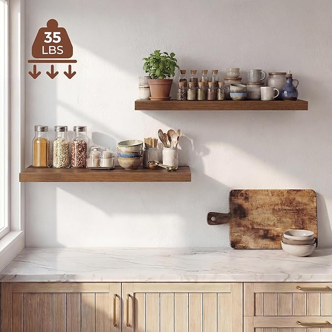 Dreamland 32 Inches Floating Shelves for Wall, 9.3" Deep Long Floating Shelves Set of 2, Large Display & Storage Shelf, Wall Shelf for Bathroom Bedroom Living Room Kitchen Office, Walnut