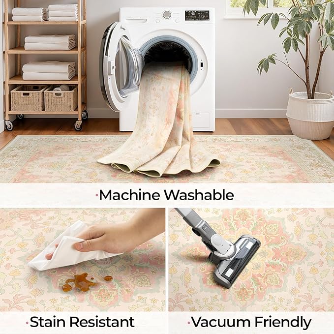 CAPALOCA Machine Washable Rugs Nursery Rug 2x6 Cute Girl Non Slip Low Pile Water Repellent Soft Print Pattern for Bedroom Indoor Decor Kids Playroom Pink Green