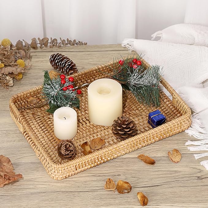 Hipiwe Handwoven Rattan Serving Tray Rectangular Wicker Tray with Handles Natural Decorative Trays for Storage Breakfast, Dessert, Fruit for Coffee Table, 13.4" L x 9.5" W