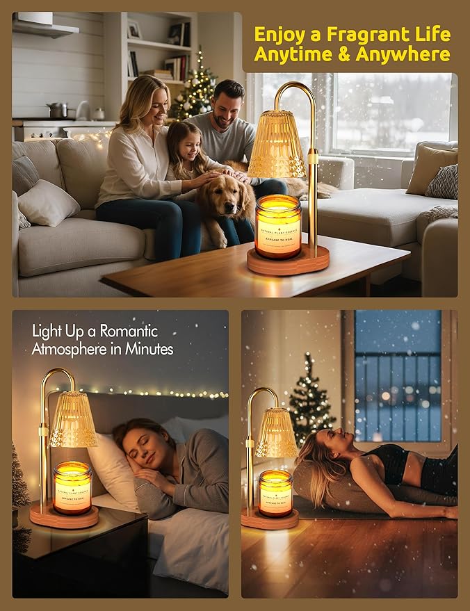 Candle Warmer Lamp with Timer, Dimmable Candle Lamp Warmer, Height Adjustable, Birthday Gifts for Women Mom, Vintage Home Decor for Scented Jar - Golden