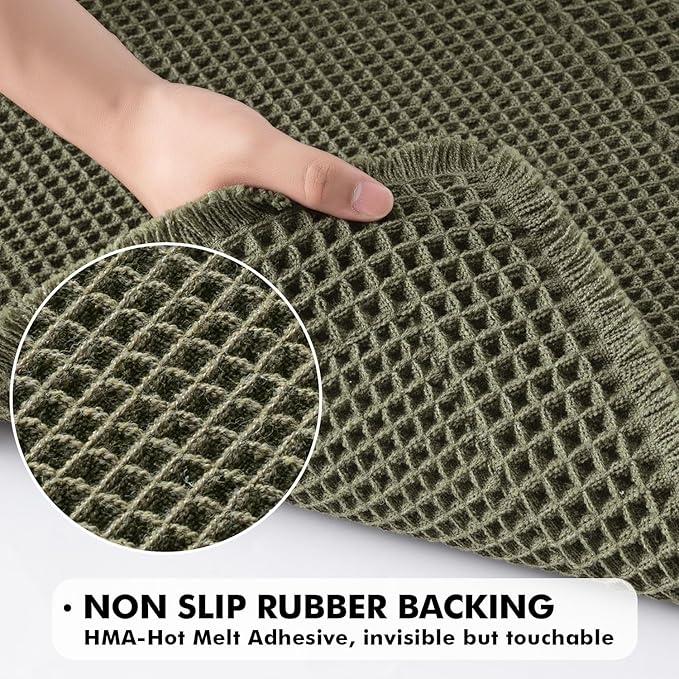 MIULEE Set of 2 Waffle Bathroom Rugs, Boho Bath Rug Super Absorbent, Non Slip Washable Ultra Soft Rubber Backed Shower Bath Mats for Floor, Tub, Shower, Bordered Design, Green, 18x30 Inch
