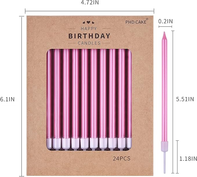 PHD CAKE Pink Long Thin Metallic Birthday Candles, Cake Candles, Birthday Parties, Wedding Decorations, Party Candles